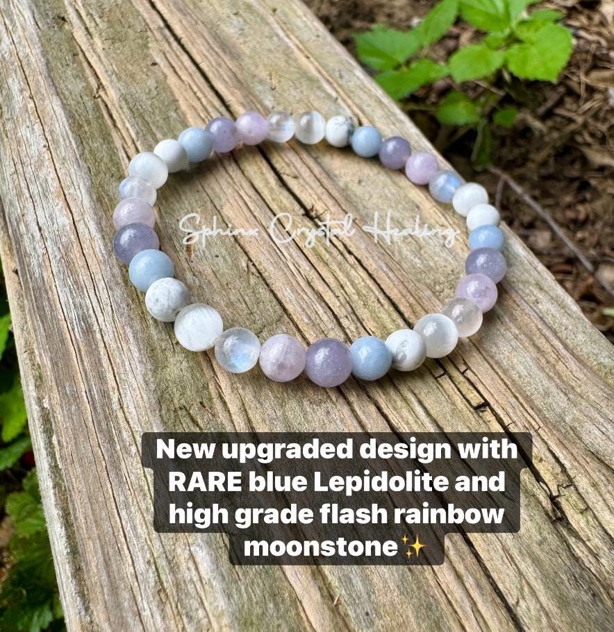 Sleep Rest & Recharge " Lavender Dreams " Moonstone - Angelite - Selenite - Howlite - Lepidolite - High Grade AAA Gemstone Crystal Bracelet