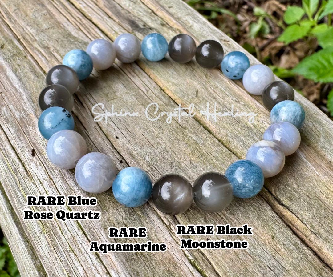 Spiritual Acceleration - Self Healing " Goddess of Sacred Waters " AAA RARE Black Moonstone - Blue Rose Quartz - Aquamarine Crystal Bracelet