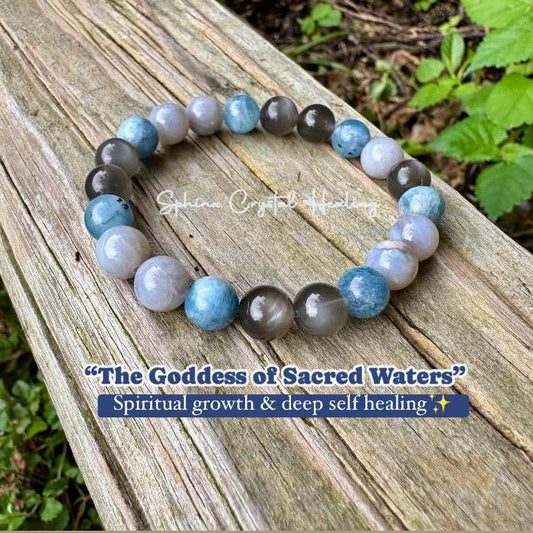 Spiritual Acceleration - Self Healing " Goddess of Sacred Waters " AAA RARE Black Moonstone - Blue Rose Quartz - Aquamarine Crystal Bracelet