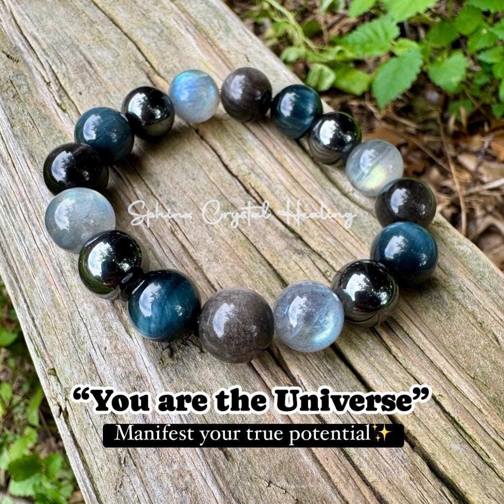12mm Self Empowerment - Strength & Courage " You are the Universe " AAA Blue Tigers Eye - Labradorite - Obsidian Crystal Gemstone Bracelet