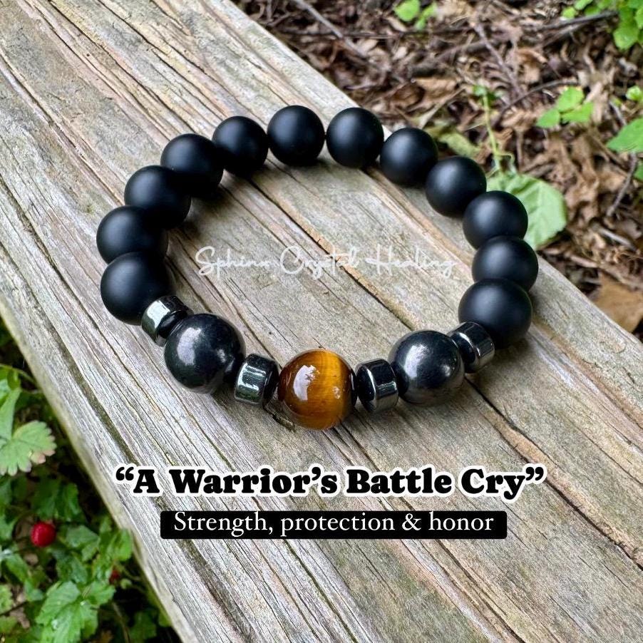 12mm EMF Protection - Strength & Courage " A Warrior's Battle Cry " AAA Shungite - Tigers Eye - Onyx - Real Crystal Gemstone Bracelet