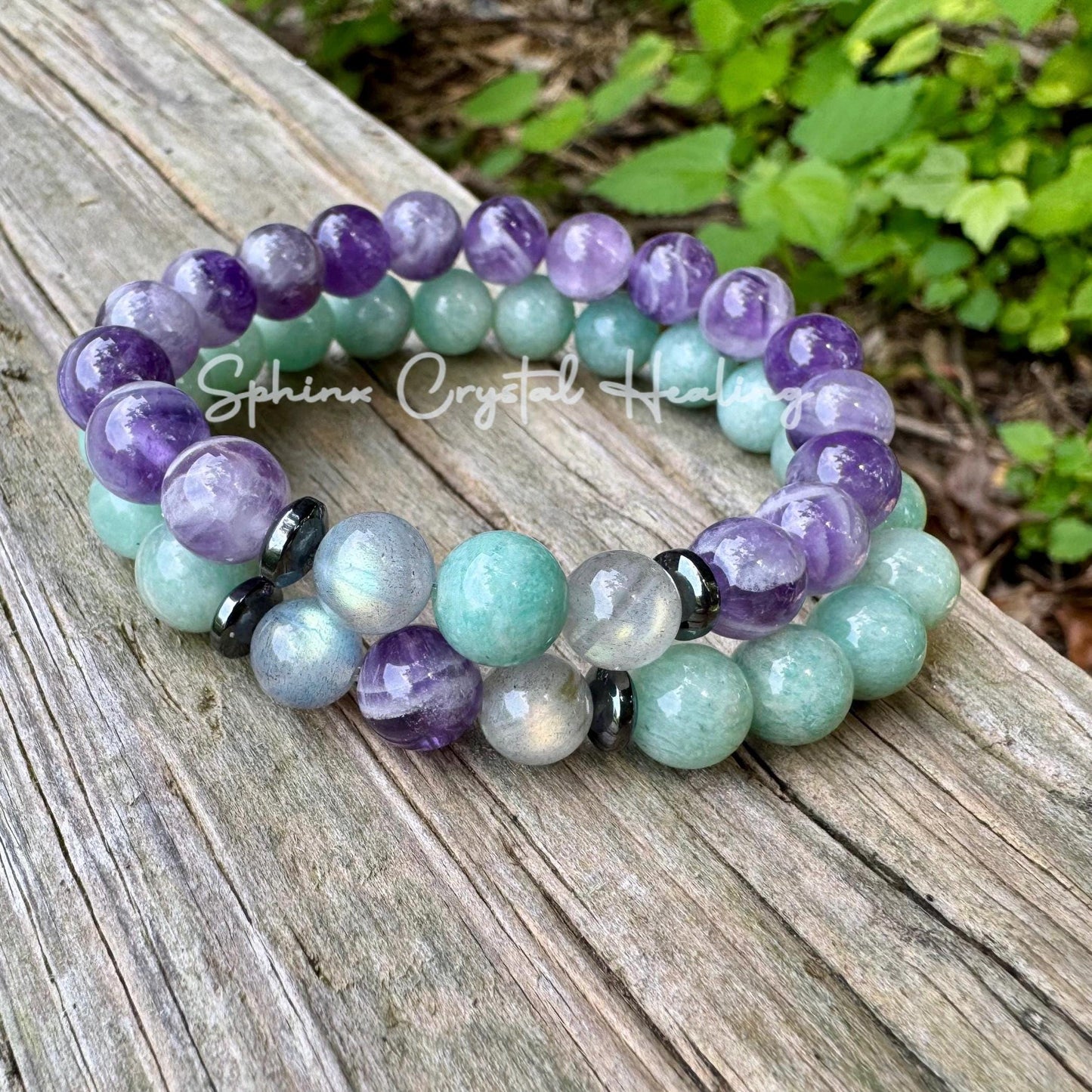 Calming Energy - Distance Bracelet Set " Fairy Light " Friendship & Family - Amethyst - Amazonite - Crystal Healing and Spiritual Connection