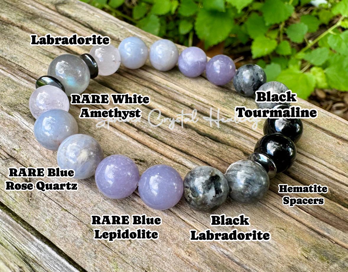 10mm Healer Support - RARE Blue Lepidolite " The Empath’s Halo " Energy Healing - Rose Quartz - White Amethyst - Empath Recharge Bracelet
