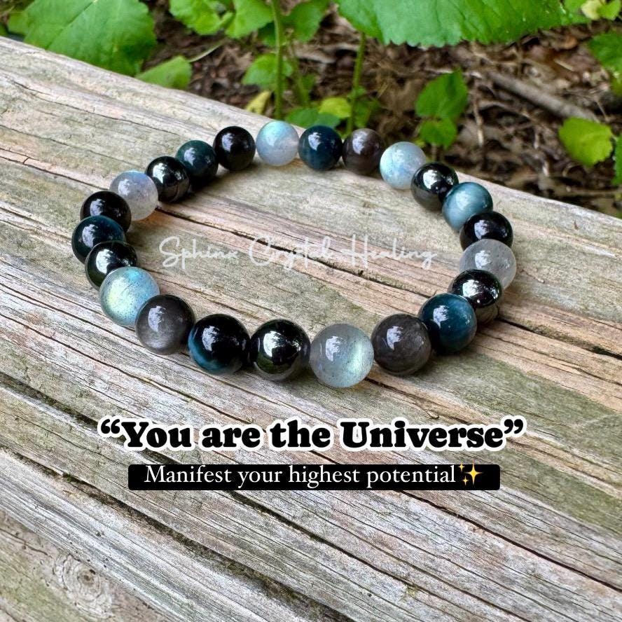 Self Empowerment - Strength & Courage " You are the Universe " AAA Blue Tigers Eye - Labradorite - Silver Obsidian Crystal Gemstone Bracelet