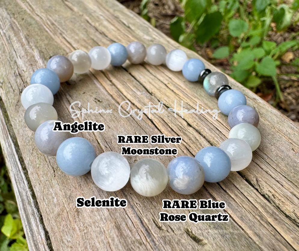 Emotional Healing - Grief & Depression Support " Angel in the Mist " AAA RARE Blue Rose Quartz - Moonstone - Angelite - Selenite - Bracelet