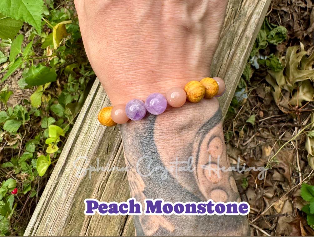 10mm Aura Shield " Goddess of The Violet Flame " Healer Protection Support - Moonstone - Amethyst - Palo Santo - Spiritual Gemstone Bracelet