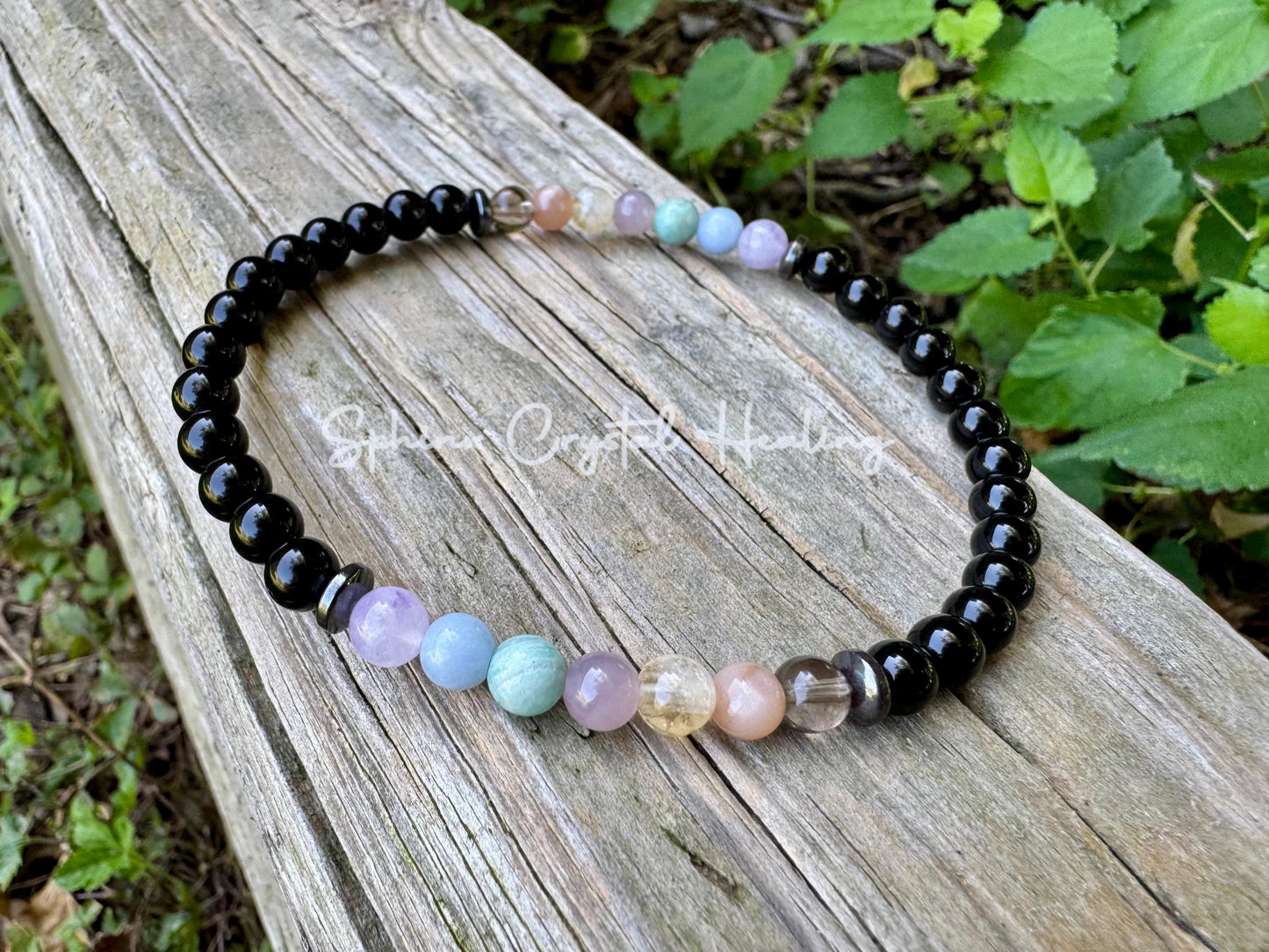 6mm Aura Protection Anklet - PASTEL Chakra Stones - Stress Anxiety Support - Strength Courage - AAA Black Onyx Crystal Healing Gemstones