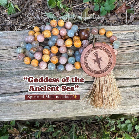Only One - Spiritual Growth Mala Necklace - Intuition " Goddess of the Ancient Sea " Lemurian Aquatine Calcite Crystals - Palo Santo Wood