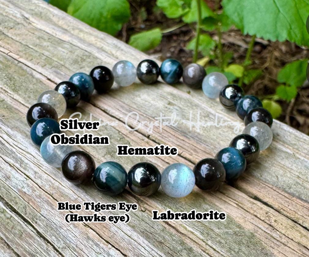 Self Empowerment - Strength & Courage " You are the Universe " AAA Blue Tigers Eye - Labradorite - Silver Obsidian Crystal Gemstone Bracelet