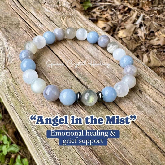 Emotional Healing - Grief & Depression Support " Angel in the Mist " AAA RARE Blue Rose Quartz - Moonstone - Angelite - Selenite - Bracelet