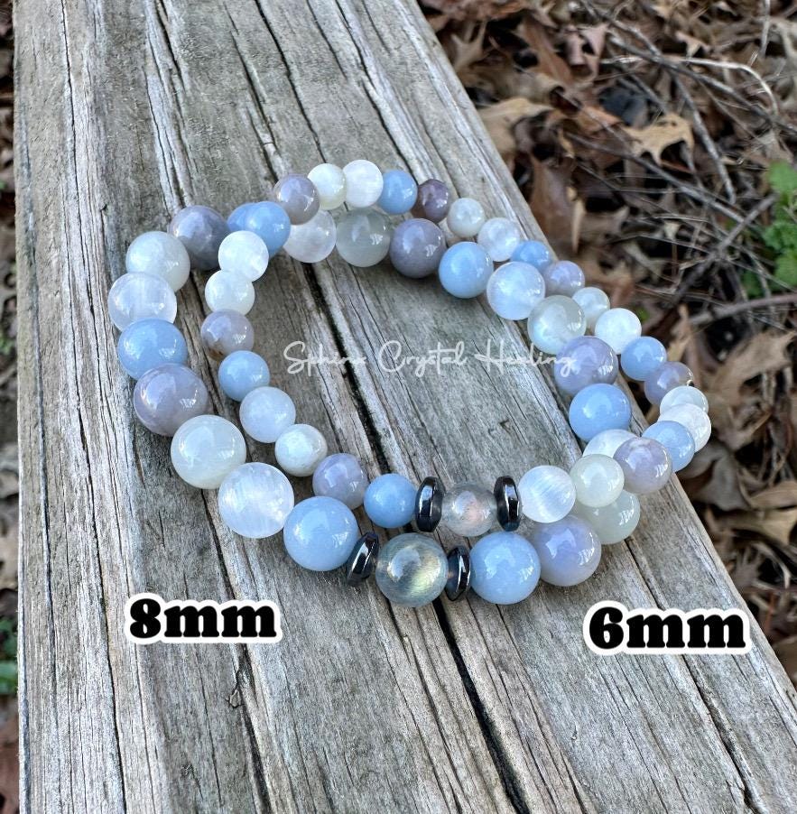 Emotional Healing - Grief & Depression Support " Angel in the Mist " AAA RARE Blue Rose Quartz - Moonstone - Angelite - Selenite - Bracelet