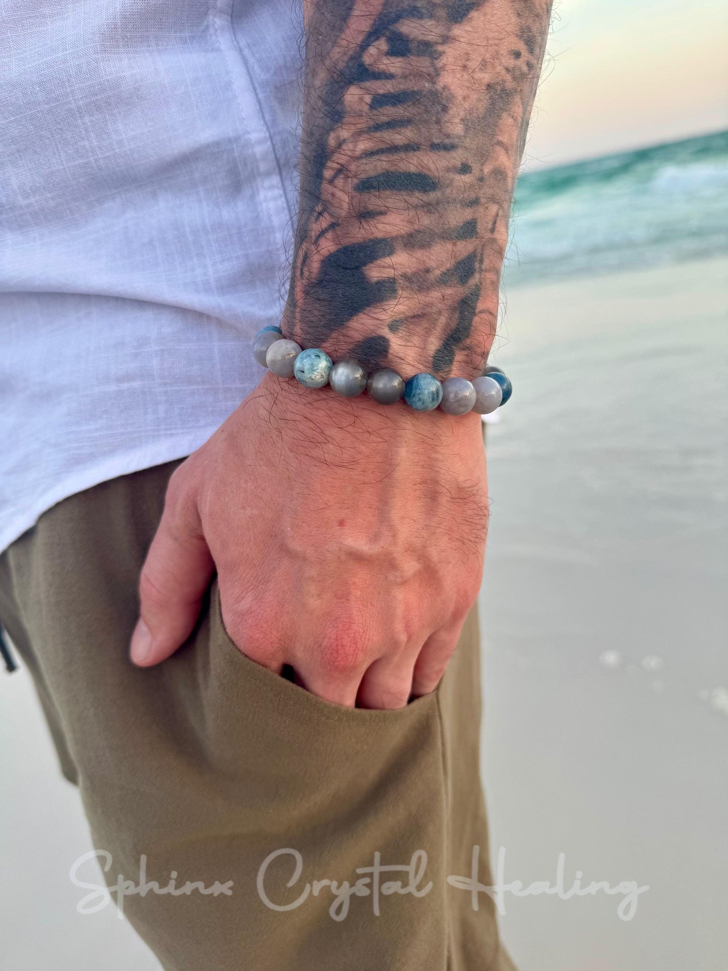 10mm Spiritual Acceleration - Self Healing " Goddess of Sacred Waters " AAA RARE Black Moonstone - Blue Rose Quartz - Aquamarine Crystals