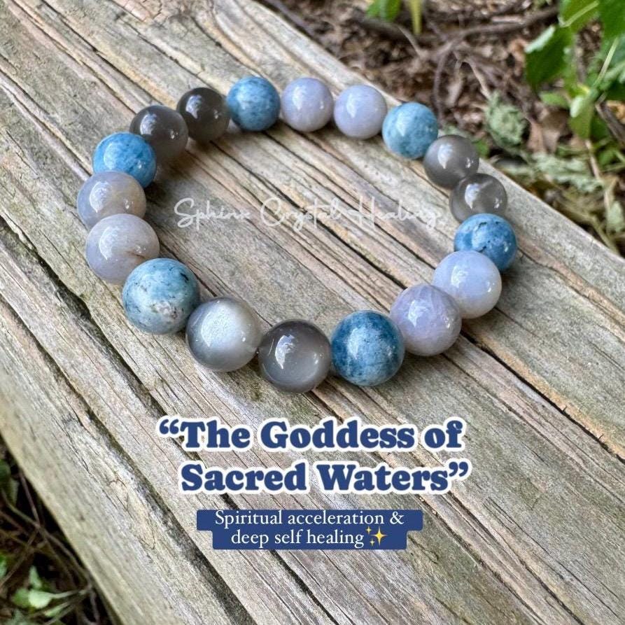 10mm Spiritual Acceleration - Self Healing " Goddess of Sacred Waters " AAA RARE Black Moonstone - Blue Rose Quartz - Aquamarine Crystals