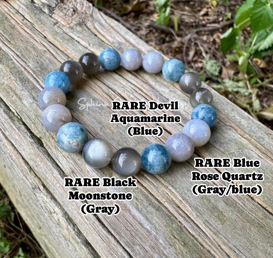 10mm Spiritual Acceleration - Self Healing " Goddess of Sacred Waters " AAA RARE Black Moonstone - Blue Rose Quartz - Aquamarine Crystals