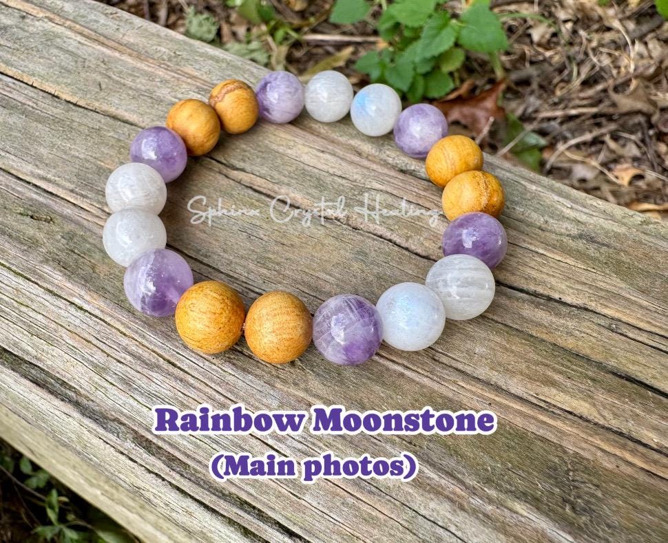 10mm Aura Shield " Goddess of The Violet Flame " Healer Protection Support - Moonstone - Amethyst - Palo Santo - Spiritual Gemstone Bracelet