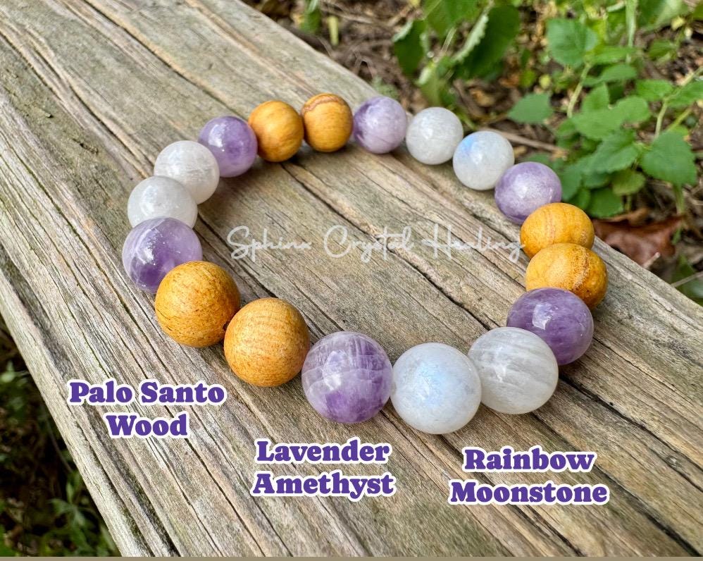 10mm Aura Shield " Goddess of The Violet Flame " Healer Protection Support - Moonstone - Amethyst - Palo Santo - Spiritual Gemstone Bracelet