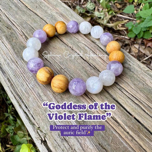 10mm Aura Shield " Goddess of The Violet Flame " Healer Protection Support - Moonstone - Amethyst - Palo Santo - Spiritual Gemstone Bracelet