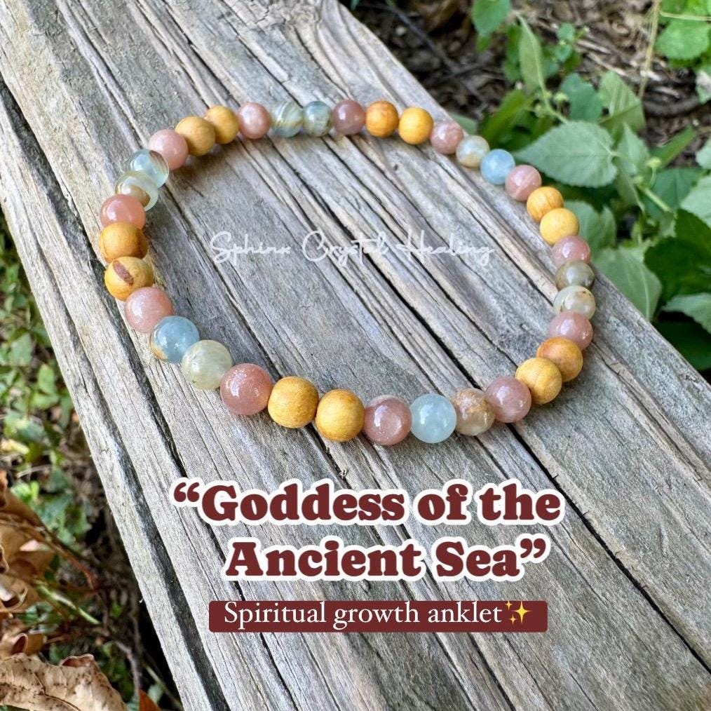 Intuition Anklet " Goddess of the Ancient Sea " Spiritual Growth & Stress Support - Aquatine Calcite - Palo Santo - REAL Crystal Gemstones