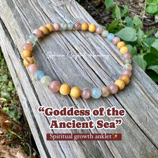 Intuition Anklet " Goddess of the Ancient Sea " Spiritual Growth & Stress Support - Aquatine Calcite - Palo Santo - REAL Crystal Gemstones