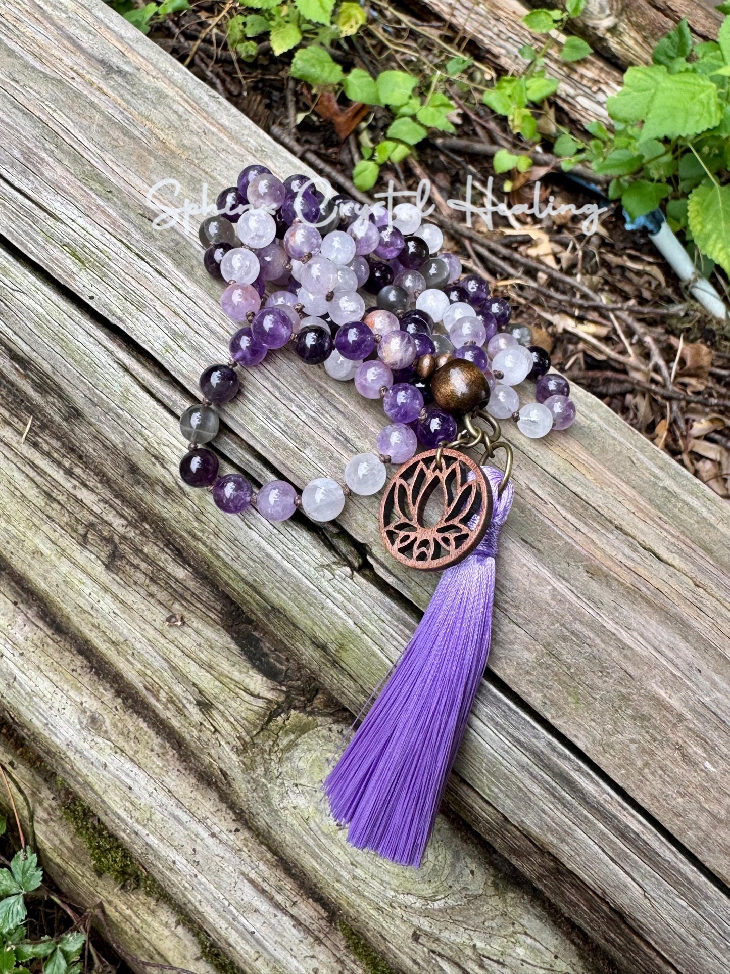 Only One High Vibration Mala " Lady of the Violet Flame " Divine Healer - RARE High Grade Amethyst - Real Crystal Healing Gemstone Necklace