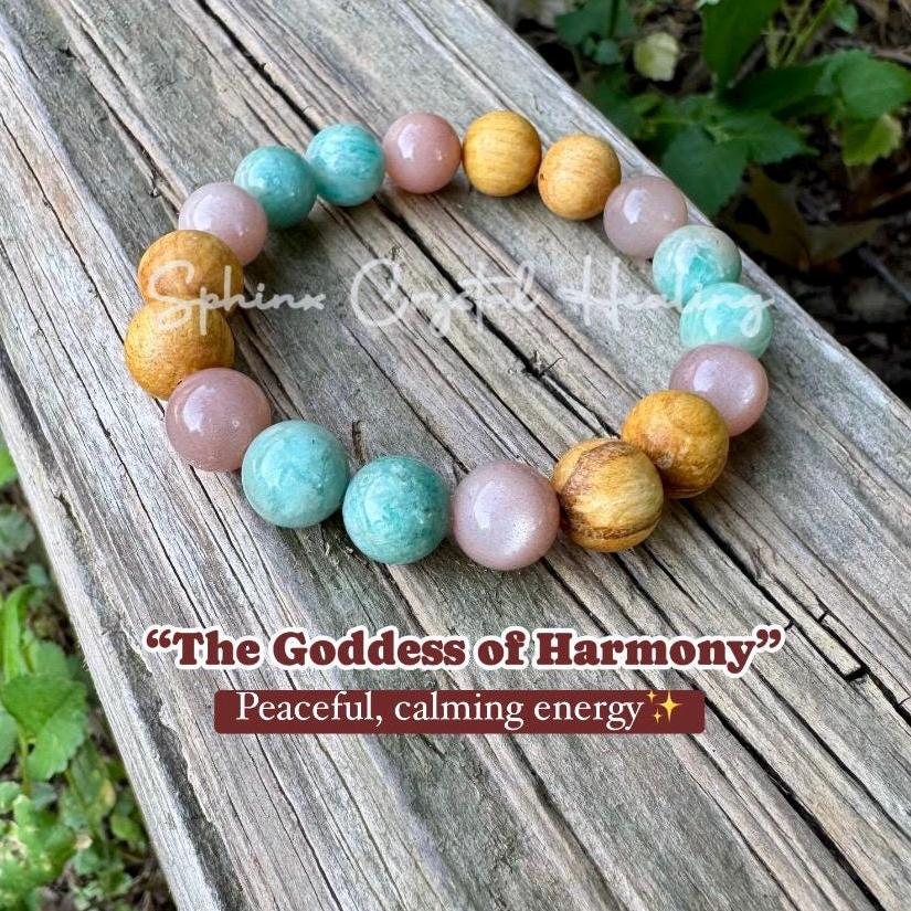 10mm Peace and Calming Energy " Goddess of Harmony " Moonstone - Amazonite - Palo Santo - Crystal Healing Gemstone Bracelet