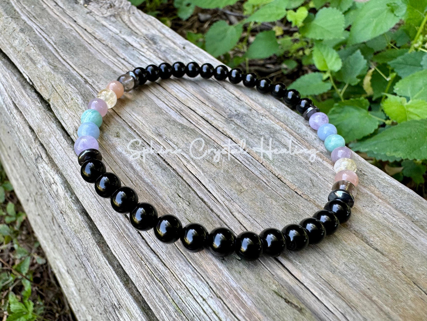 6mm Aura Protection Anklet - PASTEL Chakra Stones - Stress Anxiety Support - Strength Courage - AAA Black Onyx Crystal Healing Gemstones