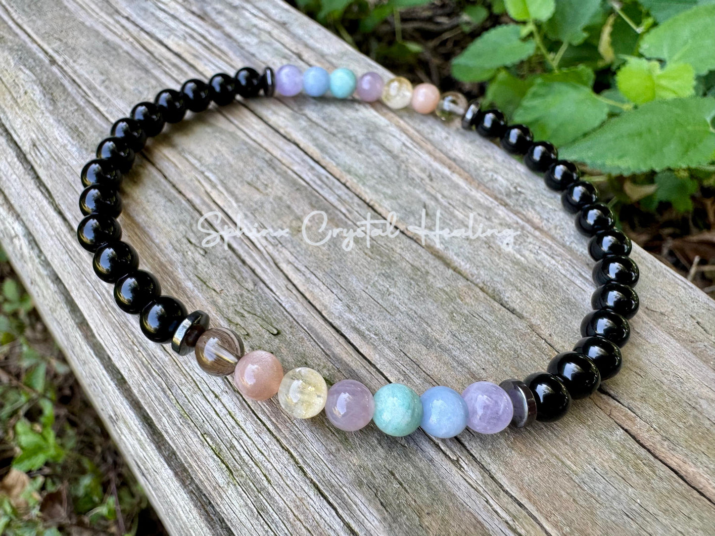 6mm Aura Protection Anklet - PASTEL Chakra Stones - Stress Anxiety Support - Strength Courage - AAA Black Onyx Crystal Healing Gemstones
