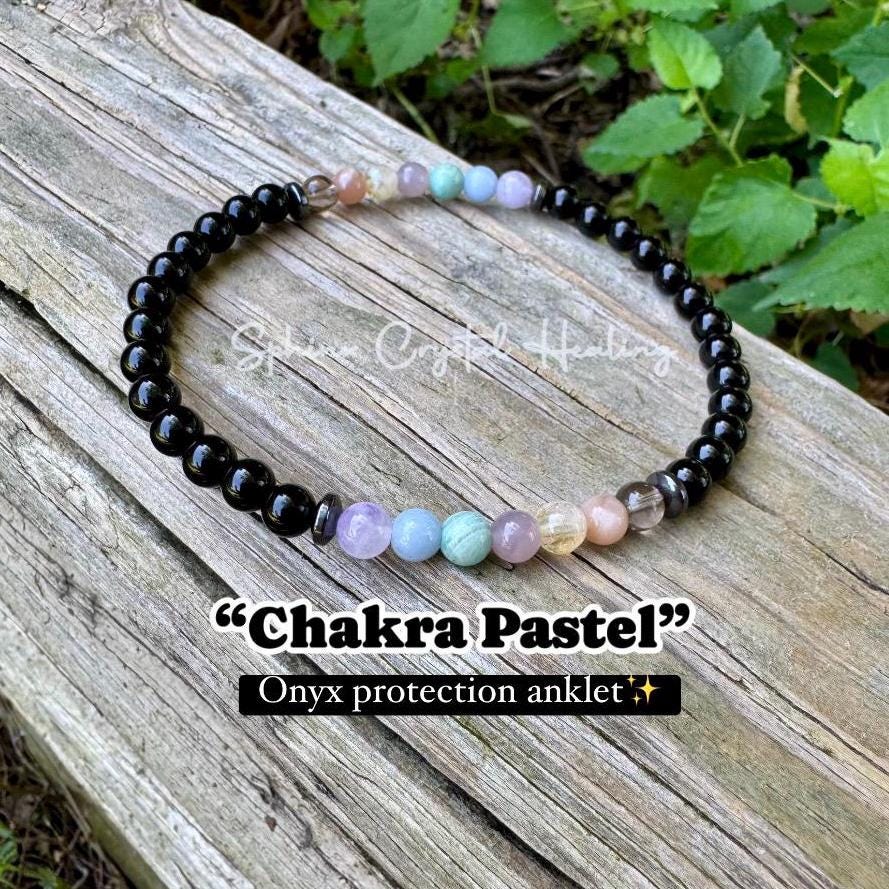 6mm Aura Protection Anklet - PASTEL Chakra Stones - Stress Anxiety Support - Strength Courage - AAA Black Onyx Crystal Healing Gemstones