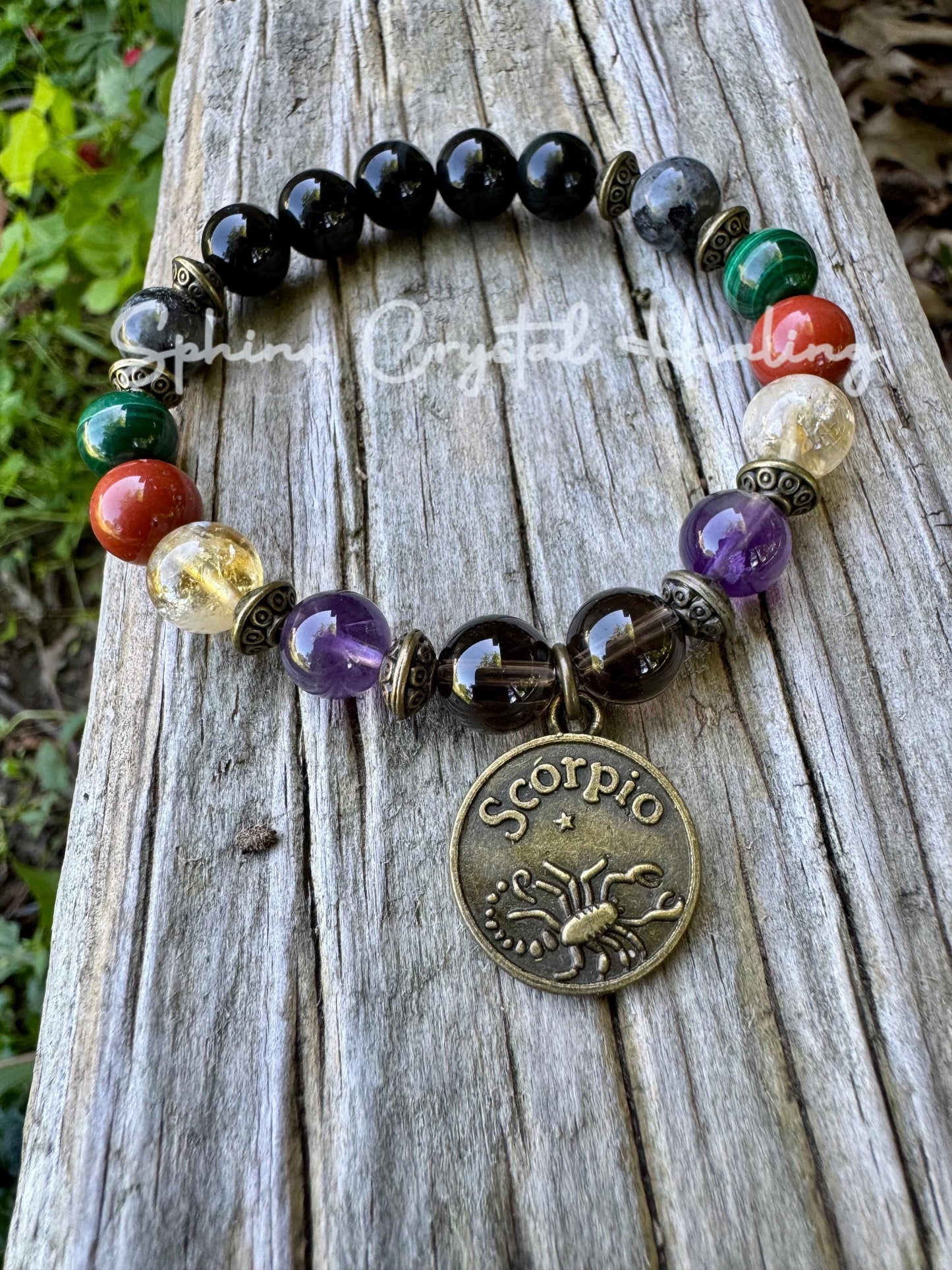 Scorpio Energy - Zodiac Bracelet " The Protector , Scorpio " October November Birthday - Birthstone Crystals & Gemstones - Bronze Accents
