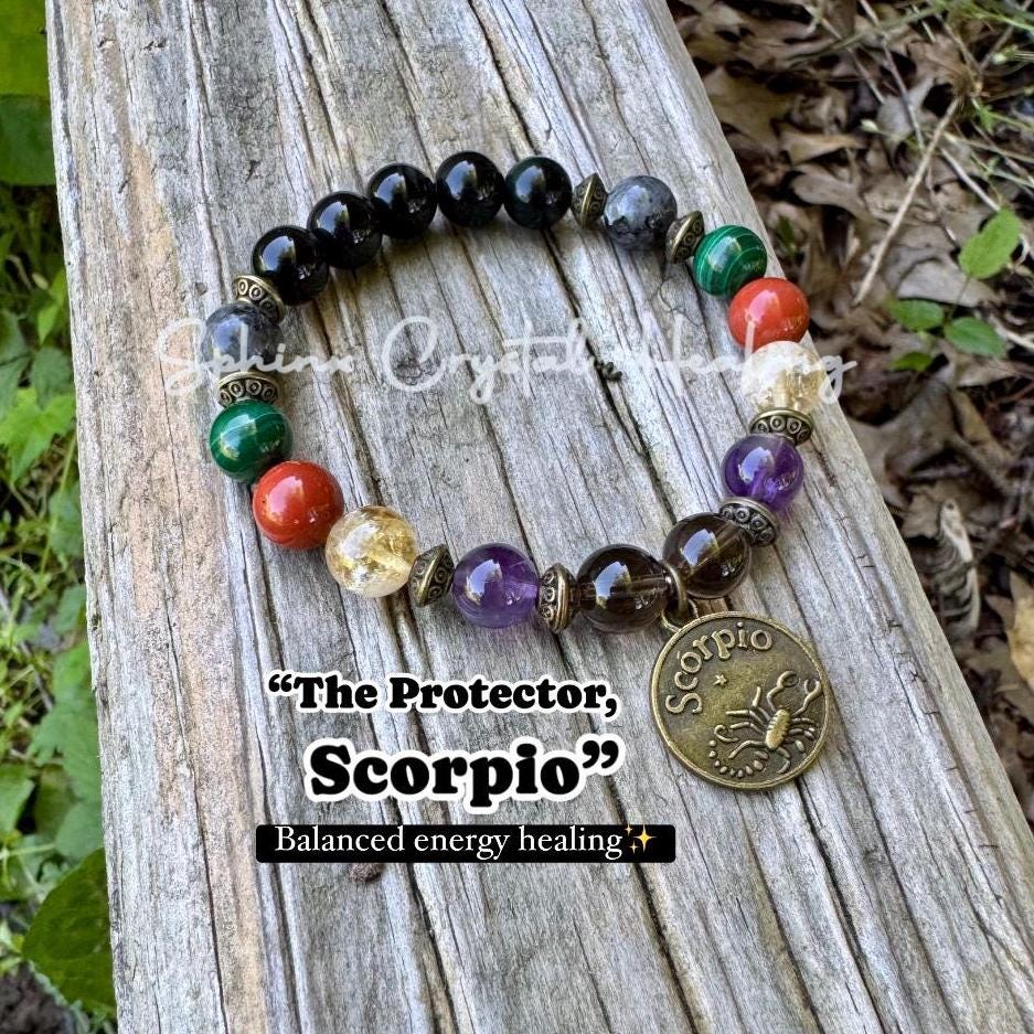 Scorpio Energy - Zodiac Bracelet " The Protector , Scorpio " October November Birthday - Birthstone Crystals & Gemstones - Bronze Accents