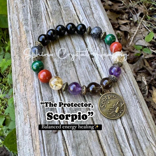 Scorpio Energy - Zodiac Bracelet " The Protector , Scorpio " October November Birthday - Birthstone Crystals & Gemstones - Bronze Accents