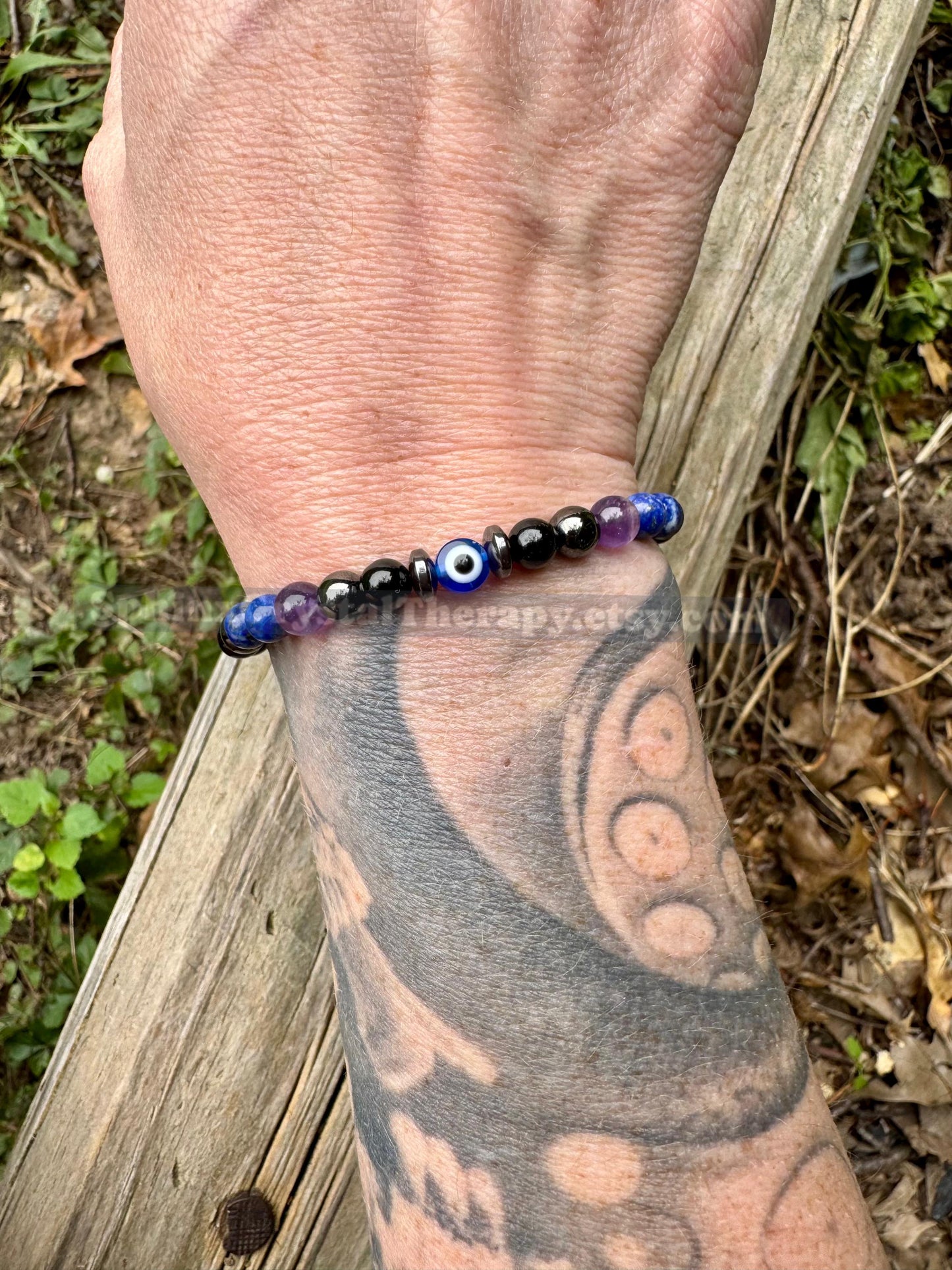 6mm Protection & Intuition - Aura Shield " Nice Try Evil Eye " Nazaar Amulet - AAA Lapis - Black Tourmaline - Real Crystal Healing Gemstones