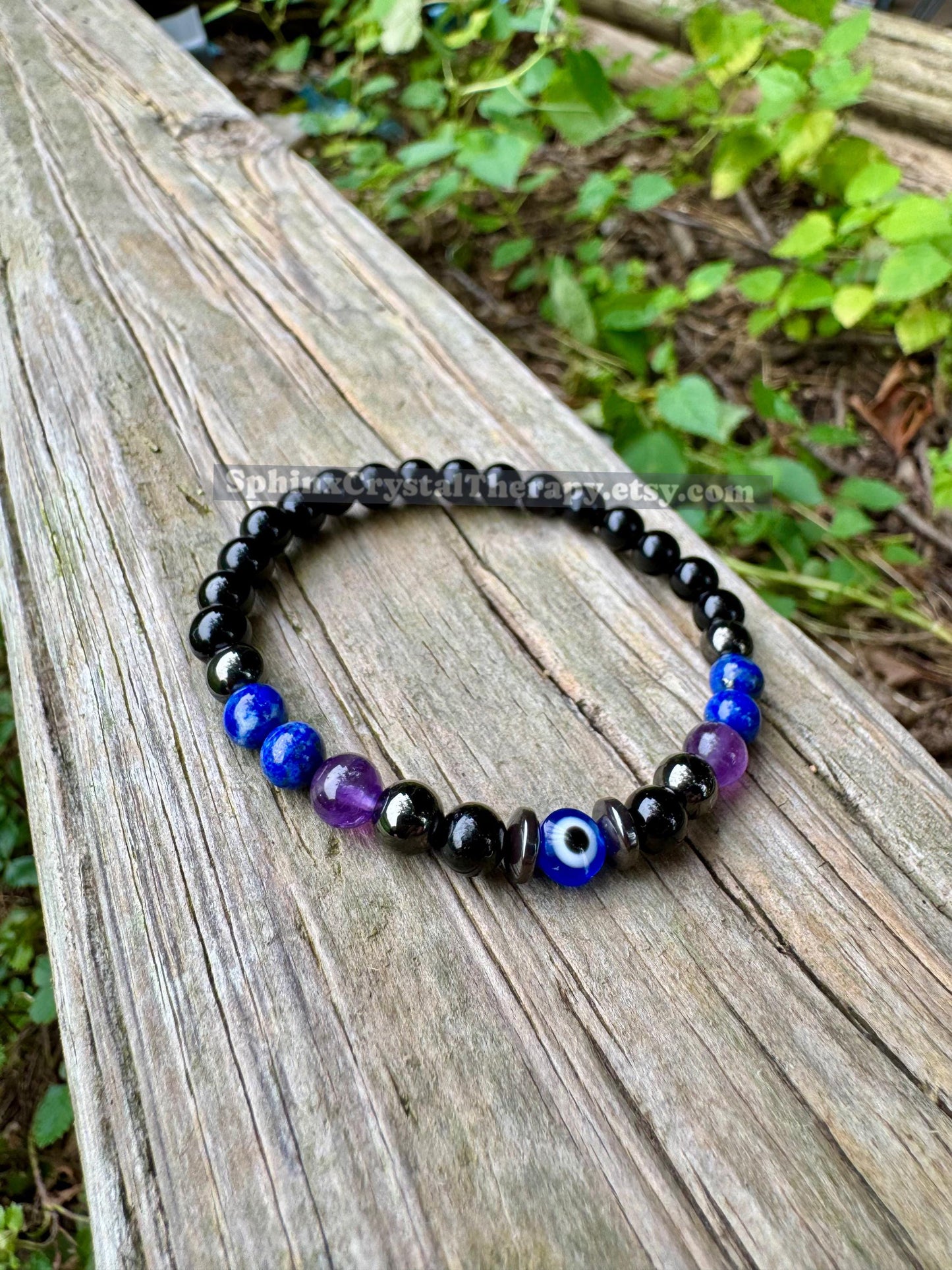 6mm Protection & Intuition - Aura Shield " Nice Try Evil Eye " Nazaar Amulet - AAA Lapis - Black Tourmaline - Real Crystal Healing Gemstones