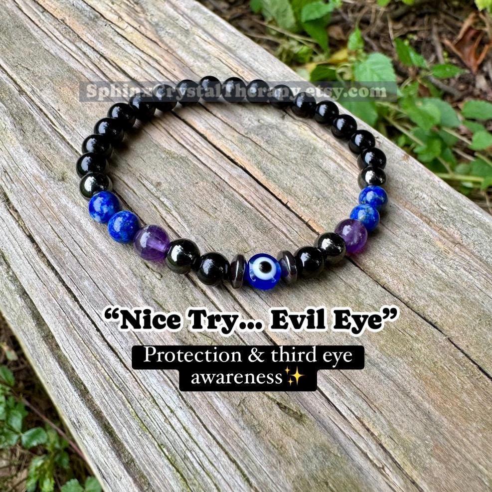 6mm Protection & Intuition - Aura Shield " Nice Try Evil Eye " Nazaar Amulet - AAA Lapis - Black Tourmaline - Real Crystal Healing Gemstones