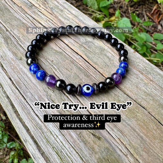 6mm Protection & Intuition - Aura Shield " Nice Try Evil Eye " Nazaar Amulet - AAA Lapis - Black Tourmaline - Real Crystal Healing Gemstones