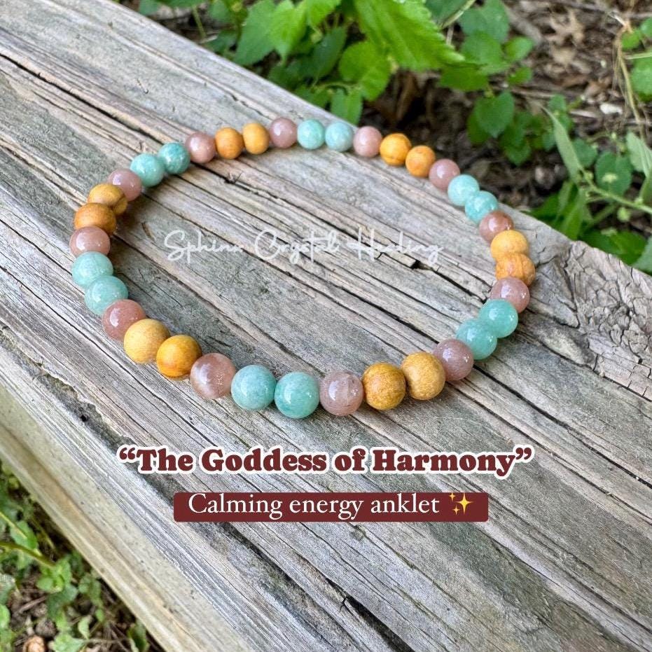 Inner Peace Anklet " Goddess of Harmony " Communication & Self Expression - AAA Moonstone - Amazonite - Palo Santo - REAL Crystal Gemstones