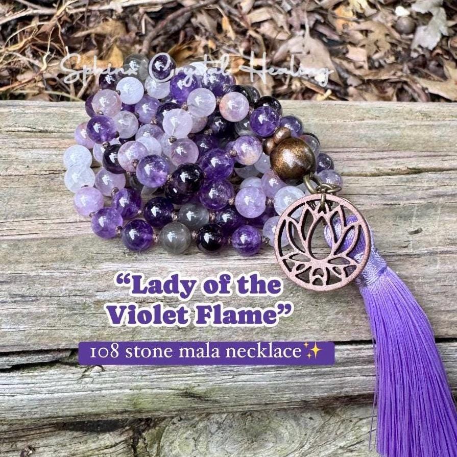 Only One High Vibration Mala " Lady of the Violet Flame " Divine Healer - RARE High Grade Amethyst - Real Crystal Healing Gemstone Necklace