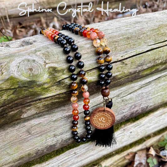 Leo Energy Mala Necklace - Zodiac Horoscope - " The Fearless Leo " July August Birthday - Carnelian - Sunstone - Crystal Healing Gemstones