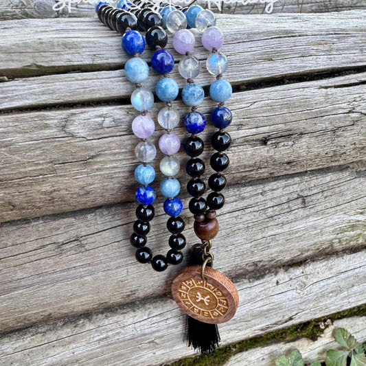 Pisces Energy Mala Necklace - Zodiac Horoscope "The Compassionate Pisces" February March Birthday - REAL Quality Crystal Healing Gemstones