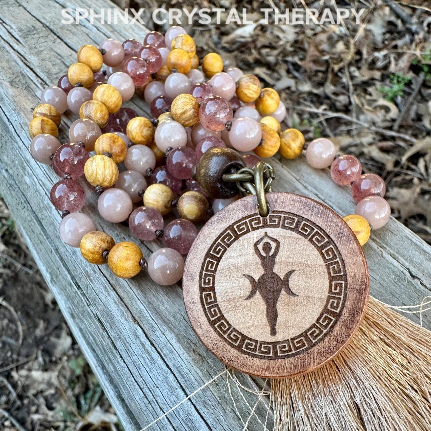 Heart Healing & Stress Support Mala  " Goddess of Renewal " AAA Moonstone - Strawberry Quartz - Palo Santo - High Quality Gemstone Crystals