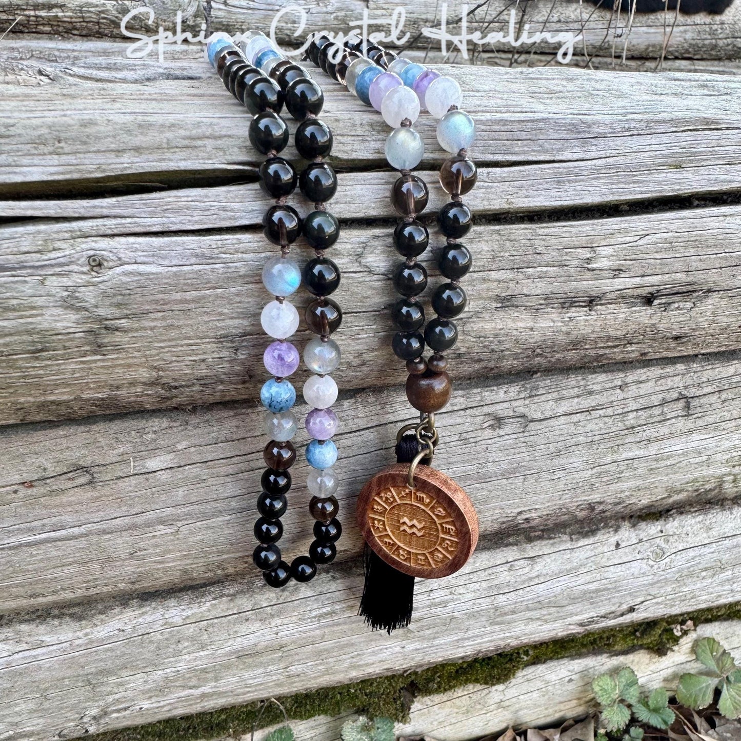 Aquarius Energy Mala Necklace " The Visionary Aquarius " January February Birthday - AAA Crystal Healing Gemstones - Zodiac Birthstones