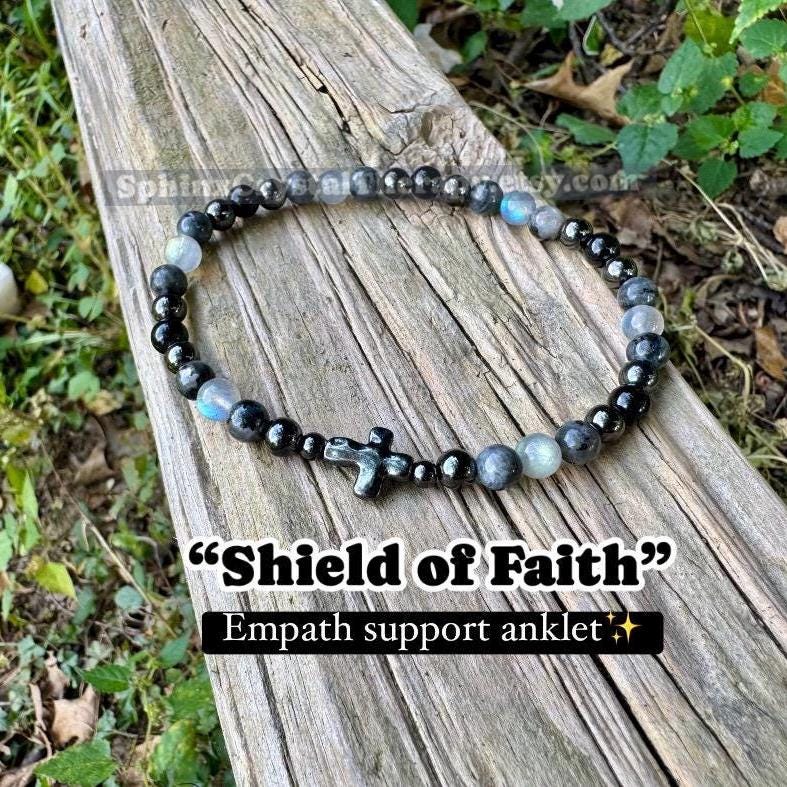Christian Empath Protection - Absorb Negativity " Shield Of Faith " Black Tourmaline Gemstone - High Quality Crystal Healing Anklet