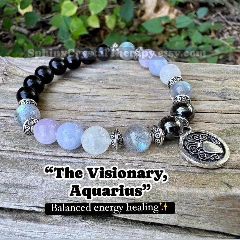 Aquarius Energy - Zodiac Astrology Bracelet " The Visionary, Aquarius " January February Birthday - Crystal Healing Gemstone Bracelet