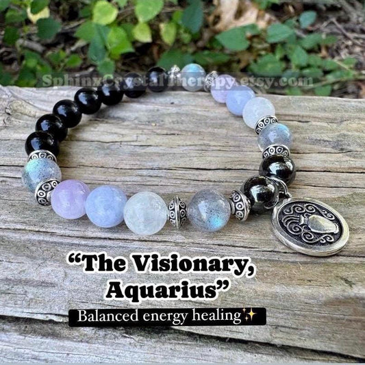 Aquarius Energy - Zodiac Astrology Bracelet " The Visionary, Aquarius " January February Birthday - Crystal Healing Gemstone Bracelet