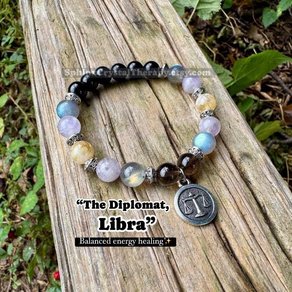 Libra Sign Energy - Zodiac Horoscope " The Diplomat , Libra " September October Birthday - Real Quality Gemstones - Crystal Healing Bracelet