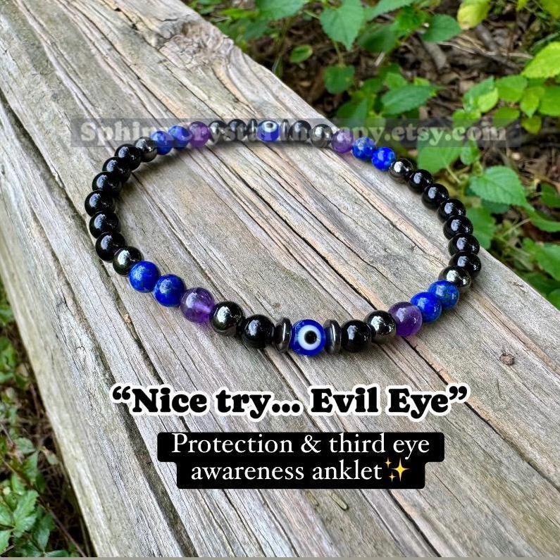 Protection & Intuition Anklet - Aura Shield " Nice Try Evil Eye " Nazaar Amulet - AAA Lapis - Black Tourmaline - Crystal Healing Gemstones