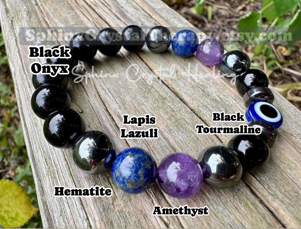 10mm Aura Shield - Protection & Intuition " Nice Try Evil Eye " Nazaar Amulet - Lapis - Black Tourmaline - Real Crystal Healing Gemstones
