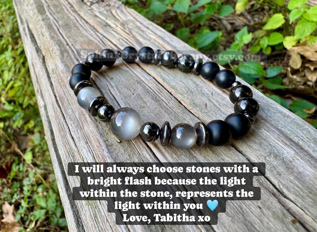 Triple Moon Goddess Energy - RARE Black Moonstone " Queen Of Shadows " Hecate Spiritual Protection - Onyx - Jet - Crystal Healing Bracelet