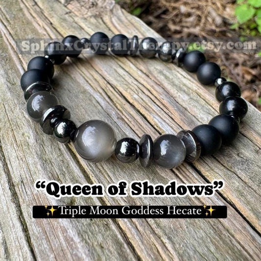 Triple Moon Goddess Energy - RARE Black Moonstone " Queen Of Shadows " Hecate Spiritual Protection - Onyx - Jet - Crystal Healing Bracelet