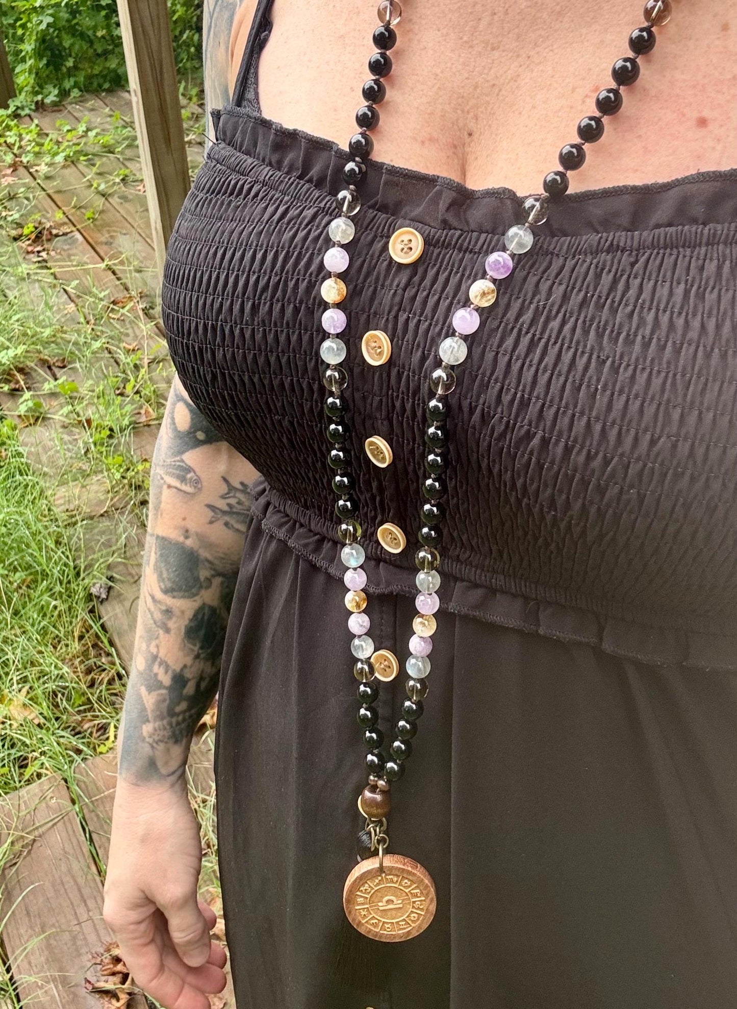 Libra Energy Mala Necklace - Zodiac  - "The Diplomat Libra" September October Birthday - Crystal Healing Gemstones - 108 Mantra Meditation